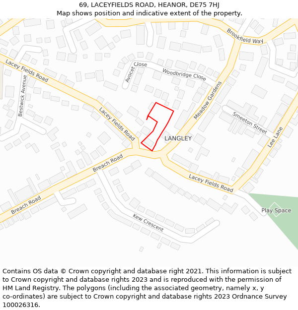69, LACEYFIELDS ROAD, HEANOR, DE75 7HJ: Location map and indicative extent of plot
