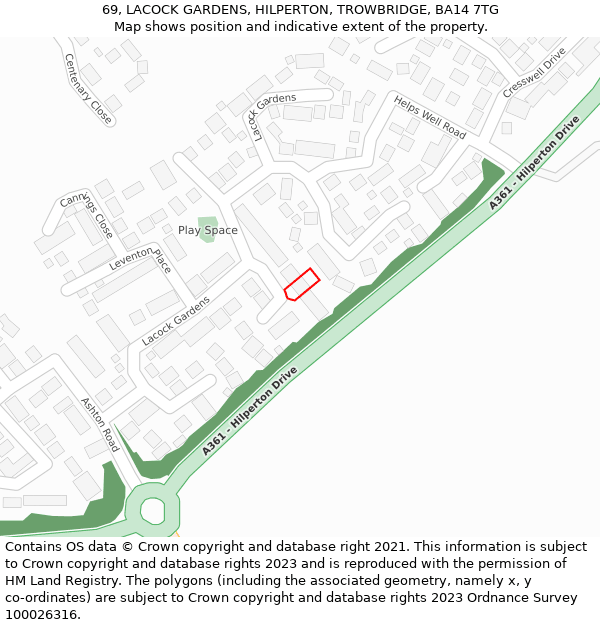 69, LACOCK GARDENS, HILPERTON, TROWBRIDGE, BA14 7TG: Location map and indicative extent of plot