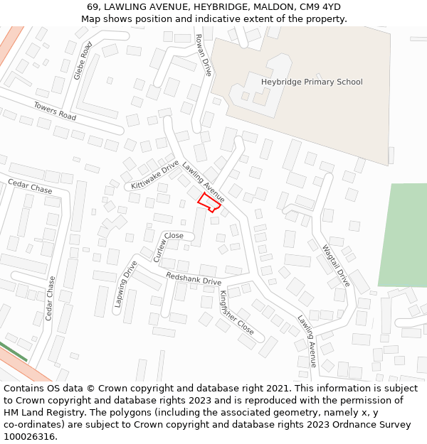 69, LAWLING AVENUE, HEYBRIDGE, MALDON, CM9 4YD: Location map and indicative extent of plot