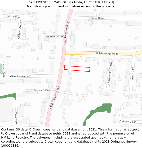 69, LEICESTER ROAD, GLEN PARVA, LEICESTER, LE2 9HJ: Location map and indicative extent of plot