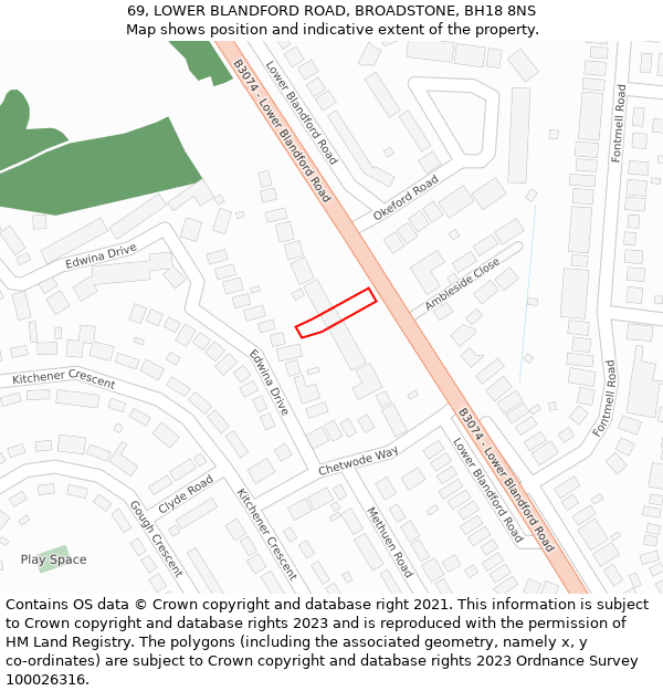 69, LOWER BLANDFORD ROAD, BROADSTONE, BH18 8NS: Location map and indicative extent of plot