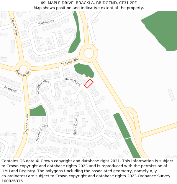 69, MAPLE DRIVE, BRACKLA, BRIDGEND, CF31 2PF: Location map and indicative extent of plot