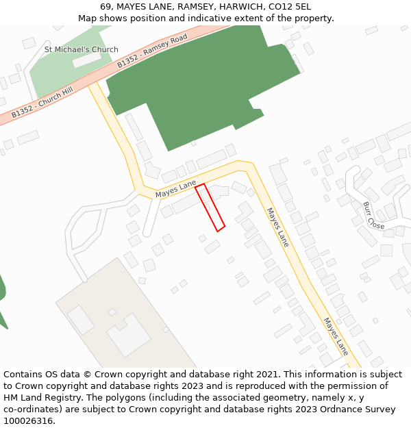 69, MAYES LANE, RAMSEY, HARWICH, CO12 5EL: Location map and indicative extent of plot