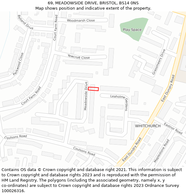 69, MEADOWSIDE DRIVE, BRISTOL, BS14 0NS: Location map and indicative extent of plot