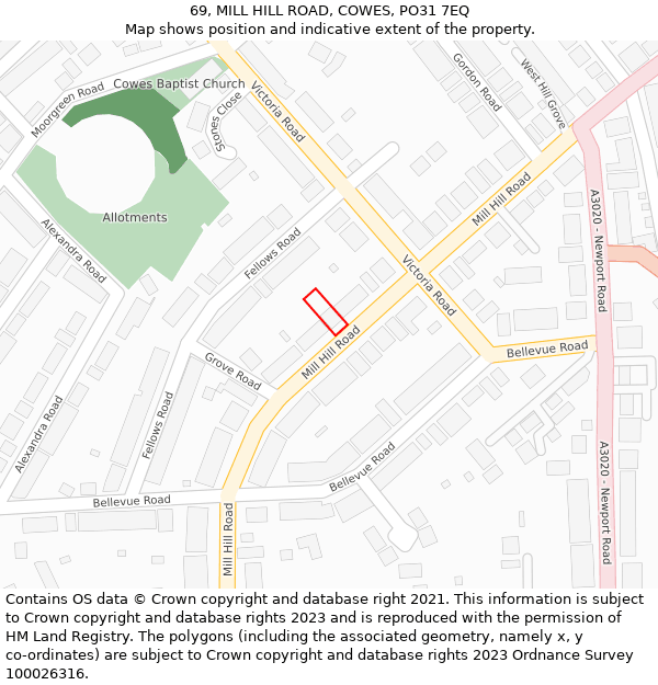 69, MILL HILL ROAD, COWES, PO31 7EQ: Location map and indicative extent of plot