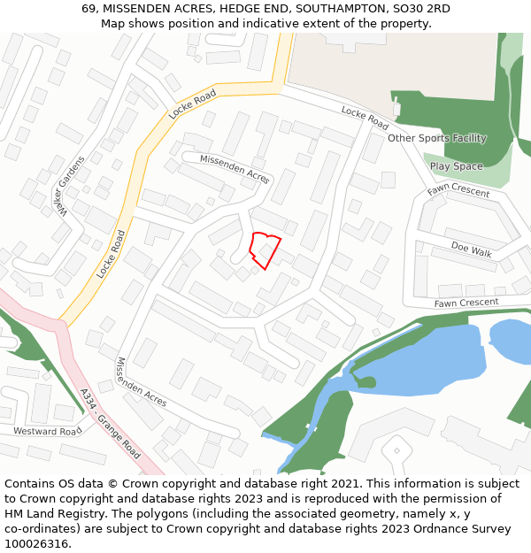 69, MISSENDEN ACRES, HEDGE END, SOUTHAMPTON, SO30 2RD: Location map and indicative extent of plot