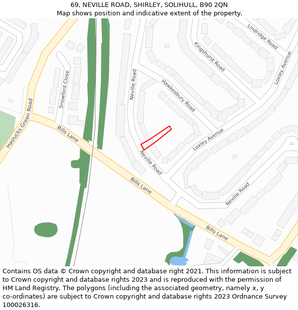 69, NEVILLE ROAD, SHIRLEY, SOLIHULL, B90 2QN: Location map and indicative extent of plot