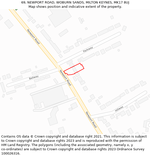 69, NEWPORT ROAD, WOBURN SANDS, MILTON KEYNES, MK17 8UJ: Location map and indicative extent of plot