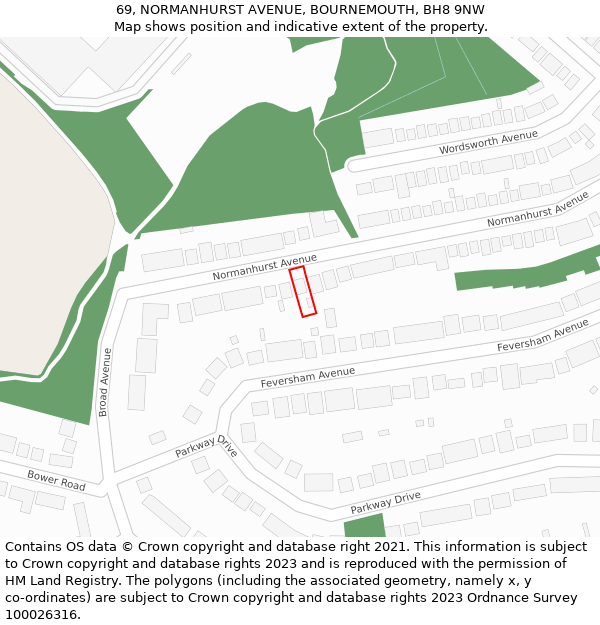 69, NORMANHURST AVENUE, BOURNEMOUTH, BH8 9NW: Location map and indicative extent of plot