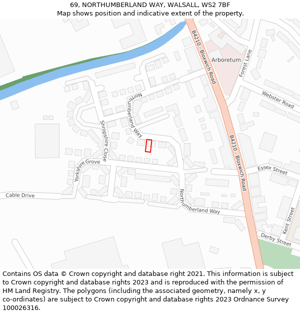 69, NORTHUMBERLAND WAY, WALSALL, WS2 7BF: Location map and indicative extent of plot