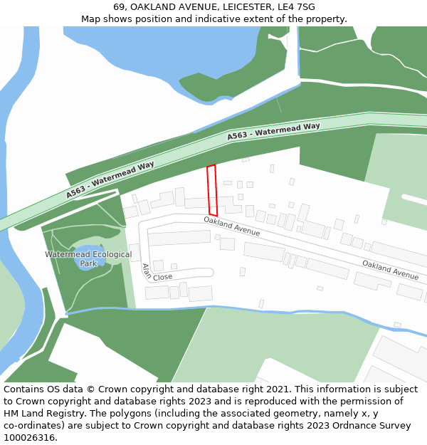 69, OAKLAND AVENUE, LEICESTER, LE4 7SG: Location map and indicative extent of plot