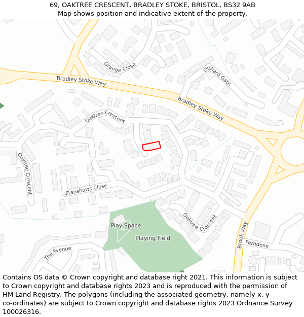 69, OAKTREE CRESCENT, BRADLEY STOKE, BRISTOL, BS32 9AB: Location map and indicative extent of plot