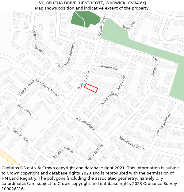 69, OPHELIA DRIVE, HEATHCOTE, WARWICK, CV34 6XJ: Location map and indicative extent of plot