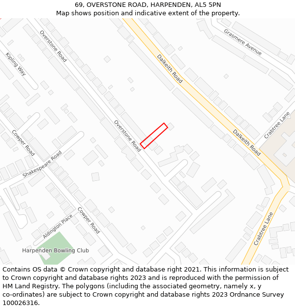 69, OVERSTONE ROAD, HARPENDEN, AL5 5PN: Location map and indicative extent of plot