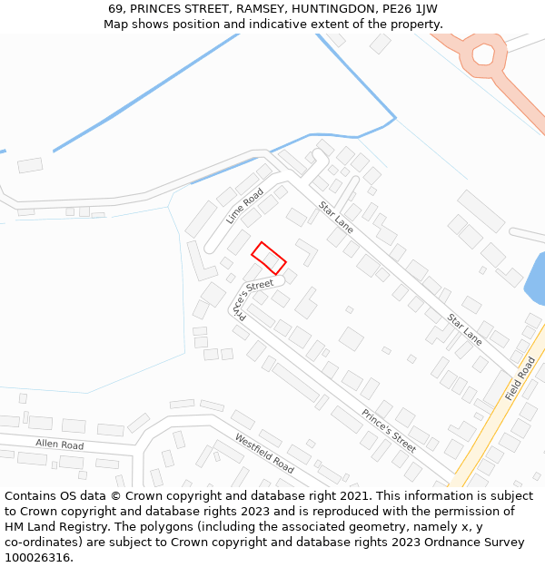 69, PRINCES STREET, RAMSEY, HUNTINGDON, PE26 1JW: Location map and indicative extent of plot