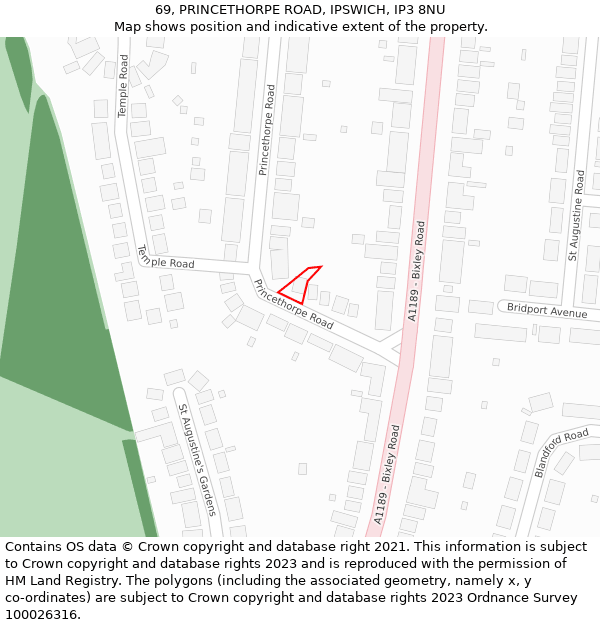 69, PRINCETHORPE ROAD, IPSWICH, IP3 8NU: Location map and indicative extent of plot