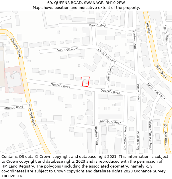 69, QUEENS ROAD, SWANAGE, BH19 2EW: Location map and indicative extent of plot