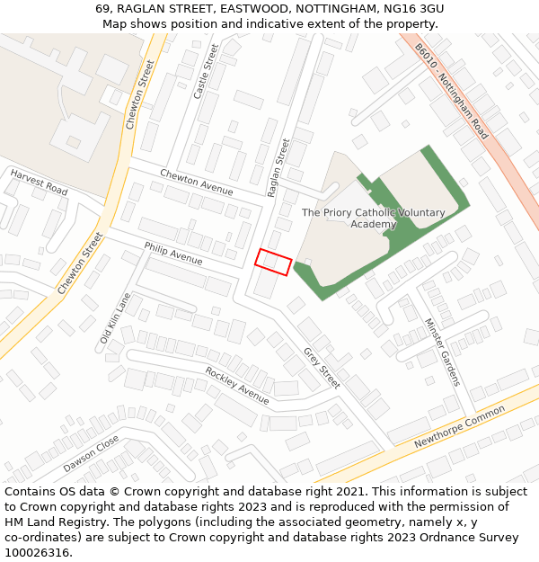 69, RAGLAN STREET, EASTWOOD, NOTTINGHAM, NG16 3GU: Location map and indicative extent of plot