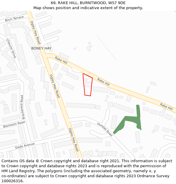 69, RAKE HILL, BURNTWOOD, WS7 9DE: Location map and indicative extent of plot