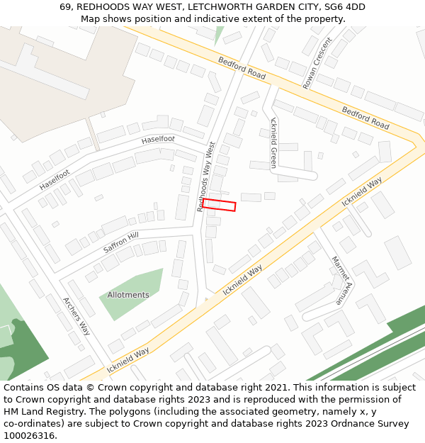 69, REDHOODS WAY WEST, LETCHWORTH GARDEN CITY, SG6 4DD: Location map and indicative extent of plot