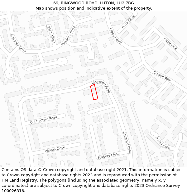 69, RINGWOOD ROAD, LUTON, LU2 7BG: Location map and indicative extent of plot