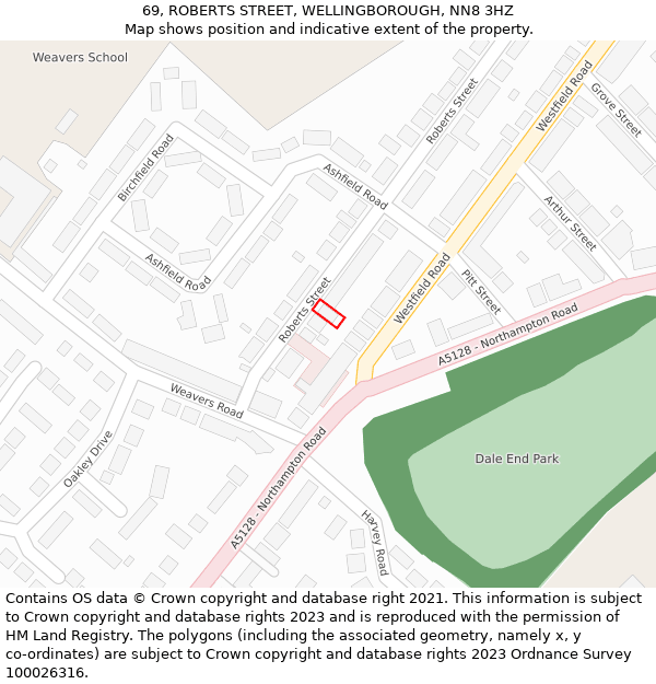 69, ROBERTS STREET, WELLINGBOROUGH, NN8 3HZ: Location map and indicative extent of plot