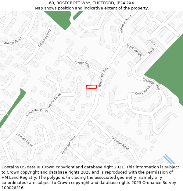 69, ROSECROFT WAY, THETFORD, IP24 2XX: Location map and indicative extent of plot