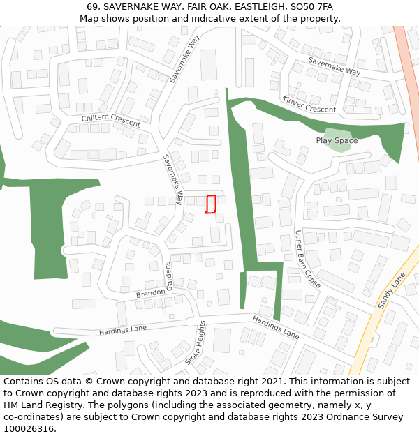 69, SAVERNAKE WAY, FAIR OAK, EASTLEIGH, SO50 7FA: Location map and indicative extent of plot