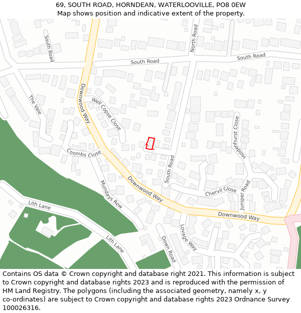 69, SOUTH ROAD, HORNDEAN, WATERLOOVILLE, PO8 0EW: Location map and indicative extent of plot