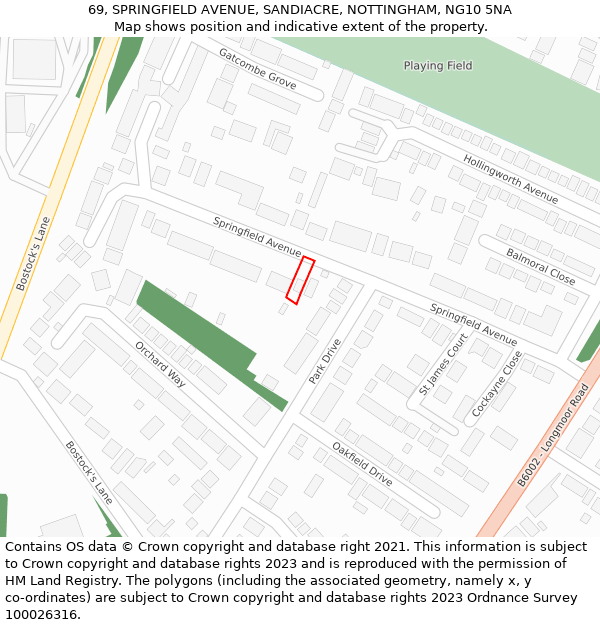 69, SPRINGFIELD AVENUE, SANDIACRE, NOTTINGHAM, NG10 5NA: Location map and indicative extent of plot
