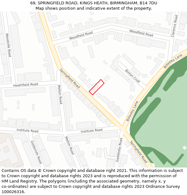 69, SPRINGFIELD ROAD, KINGS HEATH, BIRMINGHAM, B14 7DU: Location map and indicative extent of plot