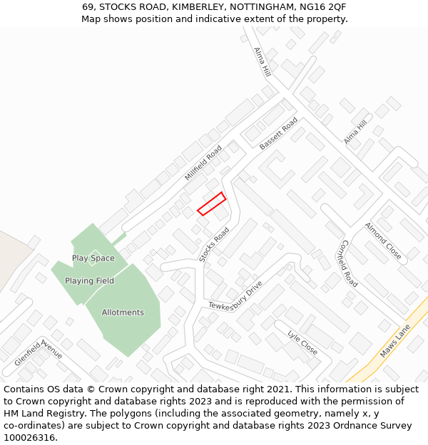 69, STOCKS ROAD, KIMBERLEY, NOTTINGHAM, NG16 2QF: Location map and indicative extent of plot
