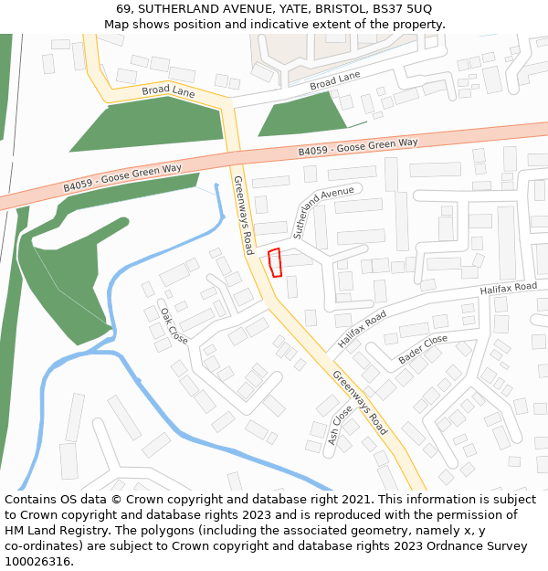 69, SUTHERLAND AVENUE, YATE, BRISTOL, BS37 5UQ: Location map and indicative extent of plot