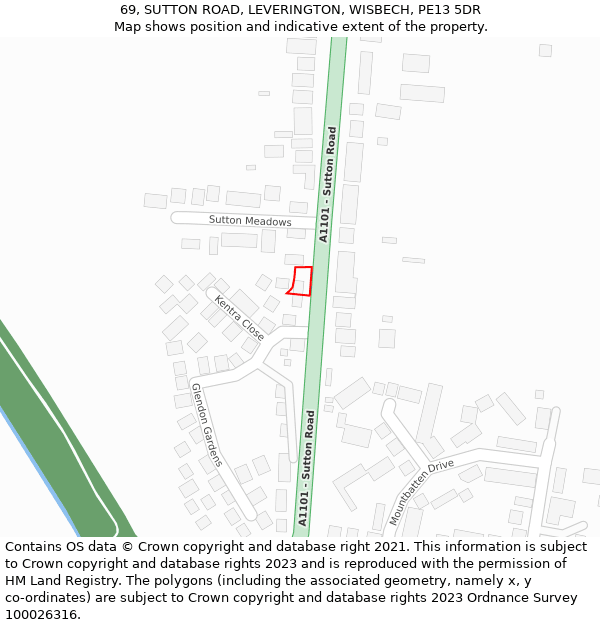 69, SUTTON ROAD, LEVERINGTON, WISBECH, PE13 5DR: Location map and indicative extent of plot