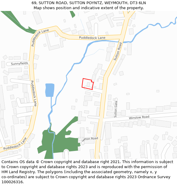 69, SUTTON ROAD, SUTTON POYNTZ, WEYMOUTH, DT3 6LN: Location map and indicative extent of plot