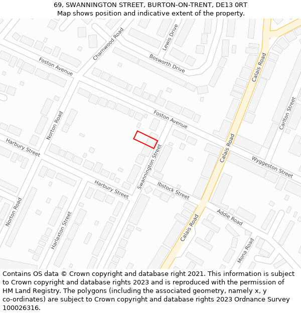 69, SWANNINGTON STREET, BURTON-ON-TRENT, DE13 0RT: Location map and indicative extent of plot