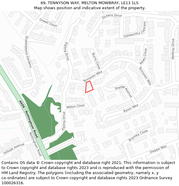 69, TENNYSON WAY, MELTON MOWBRAY, LE13 1LS: Location map and indicative extent of plot