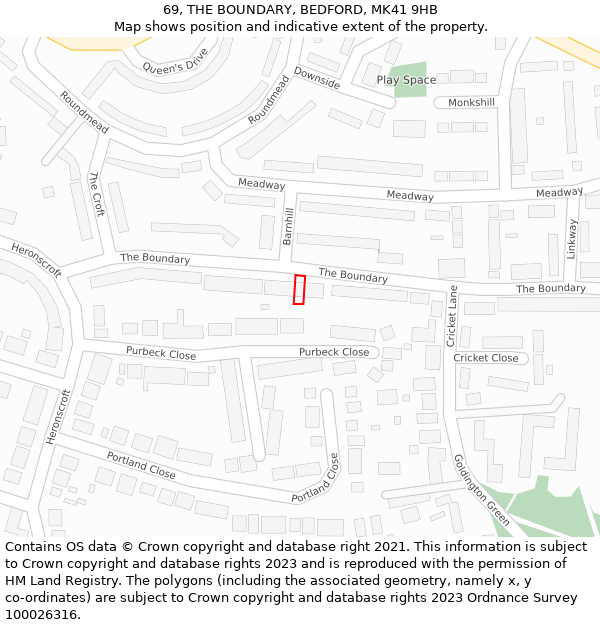 69, THE BOUNDARY, BEDFORD, MK41 9HB: Location map and indicative extent of plot