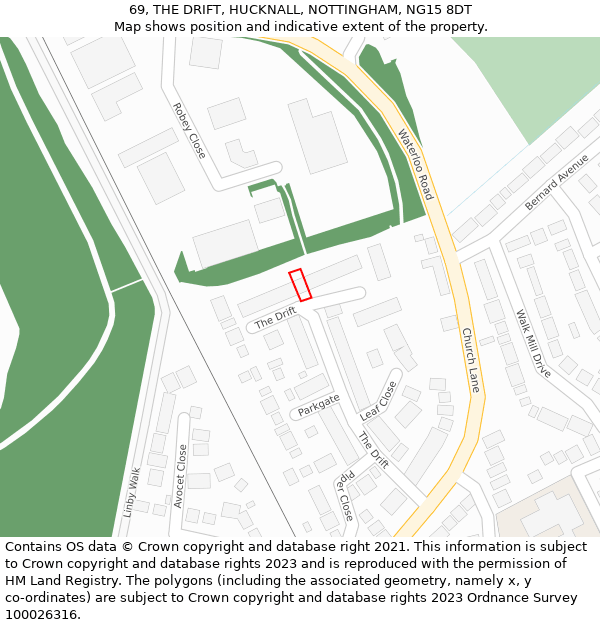 69, THE DRIFT, HUCKNALL, NOTTINGHAM, NG15 8DT: Location map and indicative extent of plot