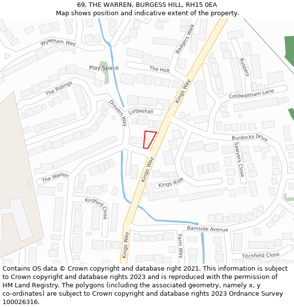 69, THE WARREN, BURGESS HILL, RH15 0EA: Location map and indicative extent of plot