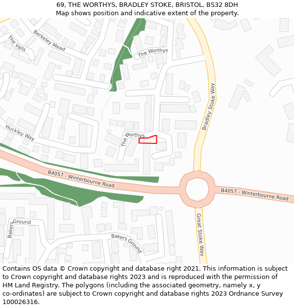 69, THE WORTHYS, BRADLEY STOKE, BRISTOL, BS32 8DH: Location map and indicative extent of plot