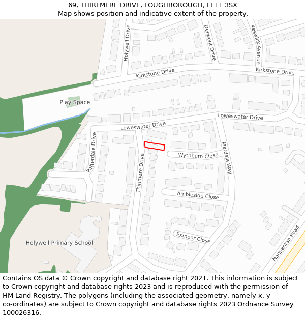 69, THIRLMERE DRIVE, LOUGHBOROUGH, LE11 3SX: Location map and indicative extent of plot