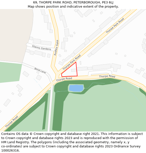 69, THORPE PARK ROAD, PETERBOROUGH, PE3 6LJ: Location map and indicative extent of plot