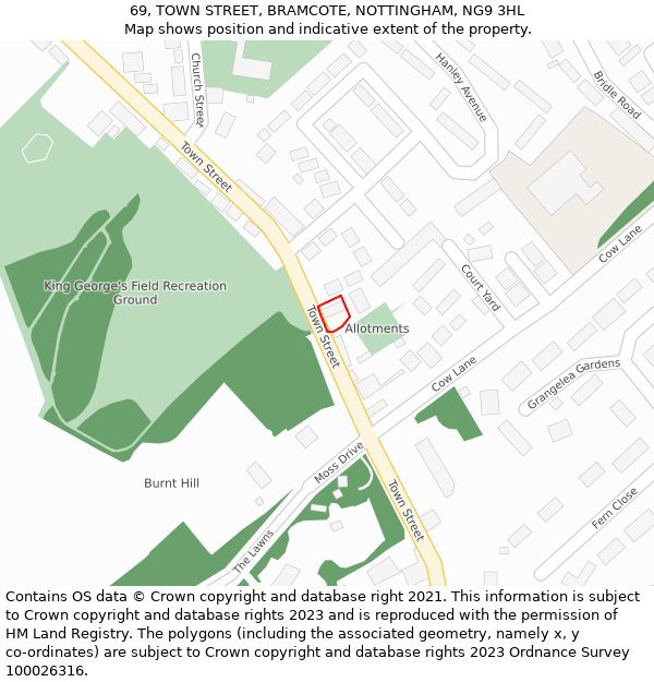69, TOWN STREET, BRAMCOTE, NOTTINGHAM, NG9 3HL: Location map and indicative extent of plot
