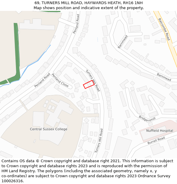 69, TURNERS MILL ROAD, HAYWARDS HEATH, RH16 1NH: Location map and indicative extent of plot