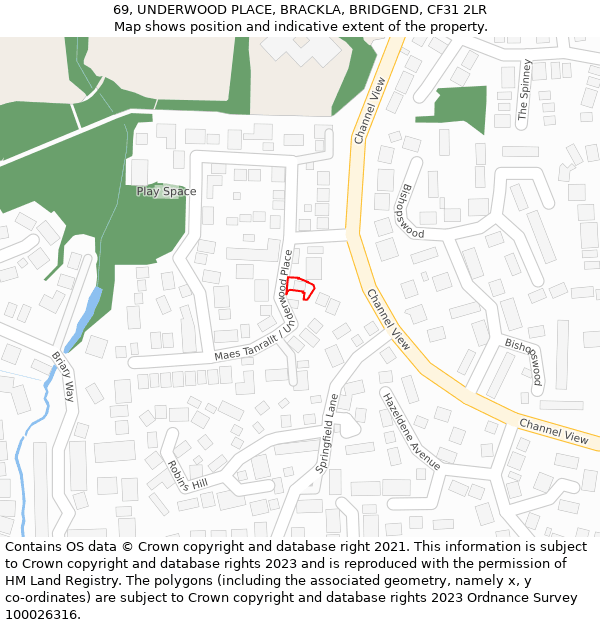 69, UNDERWOOD PLACE, BRACKLA, BRIDGEND, CF31 2LR: Location map and indicative extent of plot