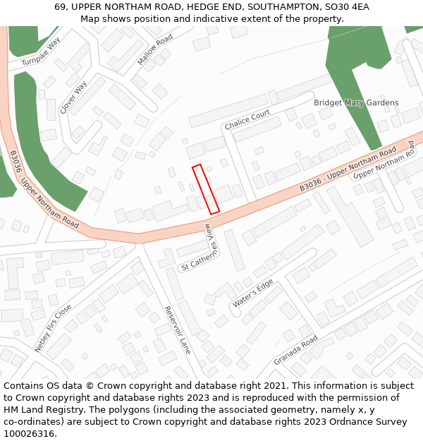 69, UPPER NORTHAM ROAD, HEDGE END, SOUTHAMPTON, SO30 4EA: Location map and indicative extent of plot