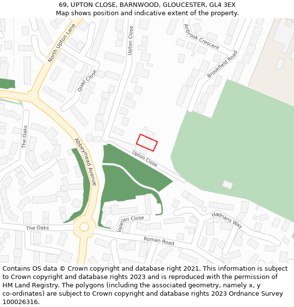 69, UPTON CLOSE, BARNWOOD, GLOUCESTER, GL4 3EX: Location map and indicative extent of plot