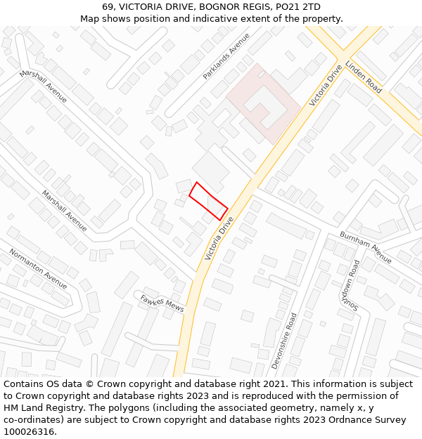 69, VICTORIA DRIVE, BOGNOR REGIS, PO21 2TD: Location map and indicative extent of plot