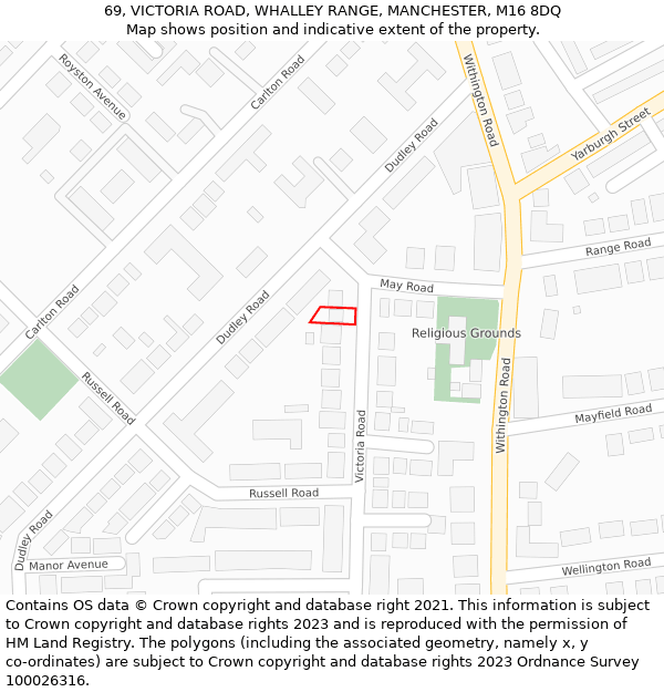 69, VICTORIA ROAD, WHALLEY RANGE, MANCHESTER, M16 8DQ: Location map and indicative extent of plot